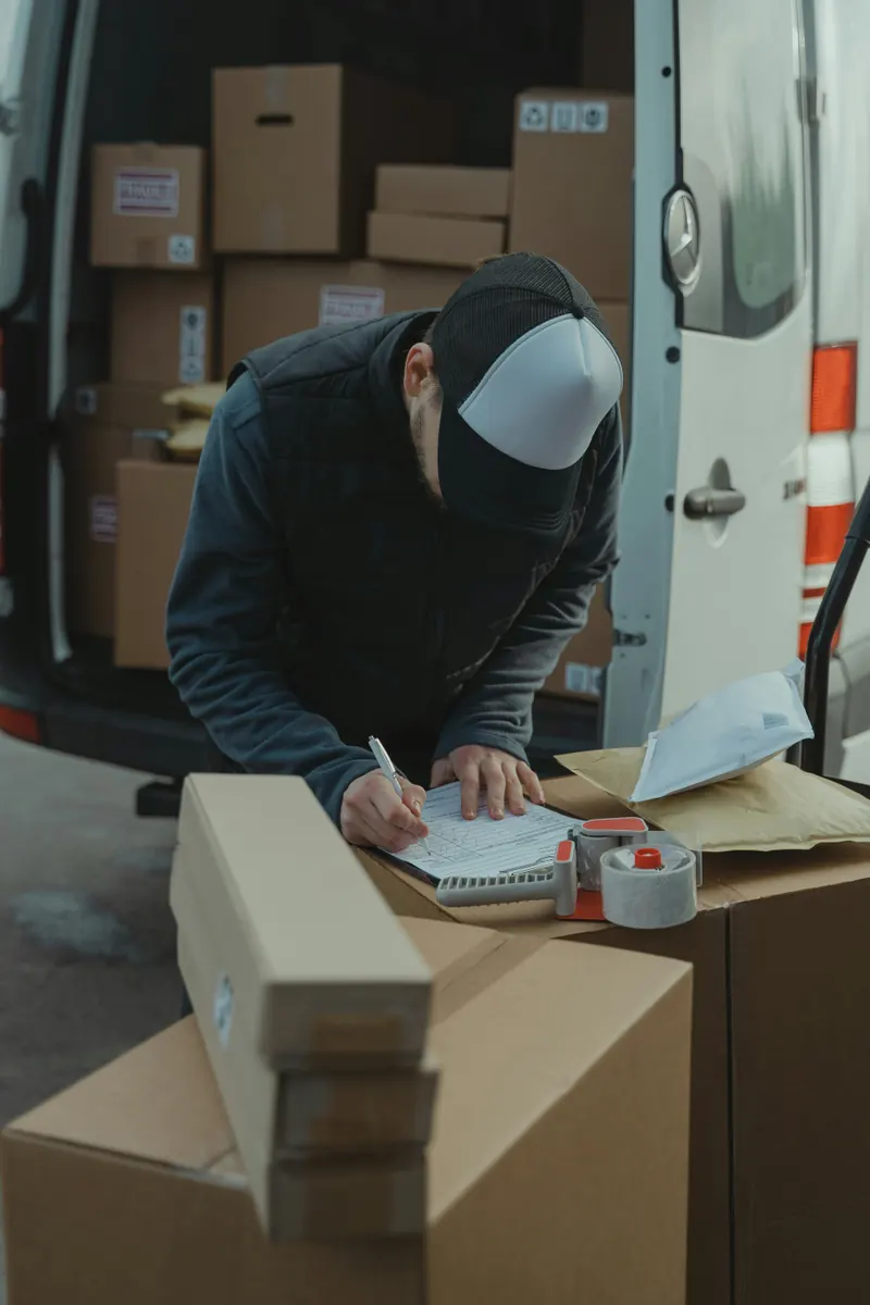 Personne transportant un carton à la porte d’un logement.