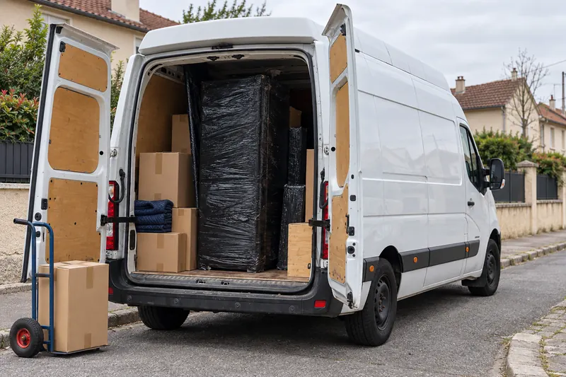 Fourgon blanc aux portes arrière ouvertes, mobilier protégé et cartons préparés pour le transport.